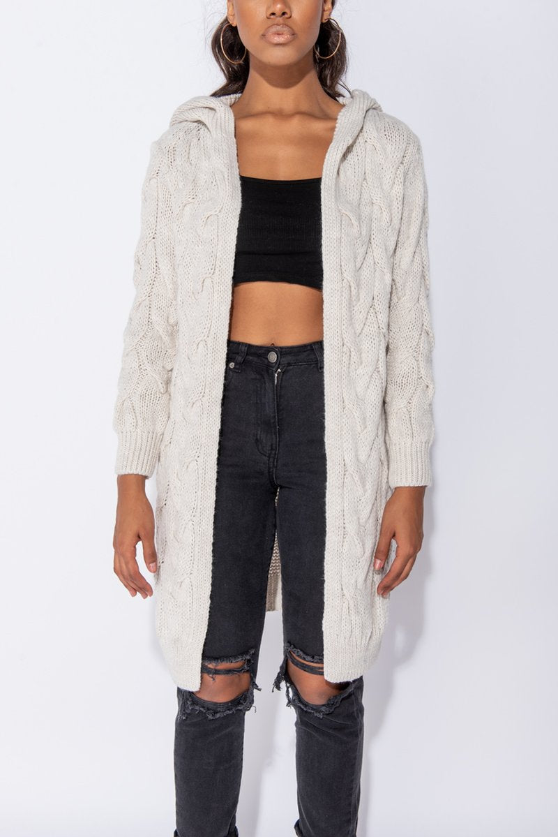 Chunky Cable Knit Hooded Edge To Edge Midi Cardigan