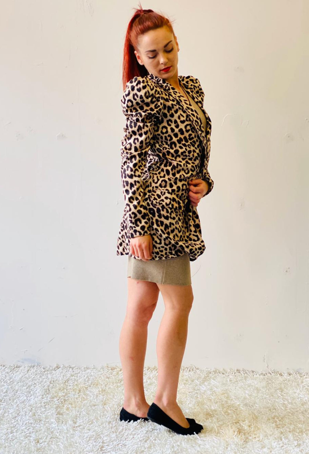 Tanoly Leopard Print Puff Shoulder Blazer