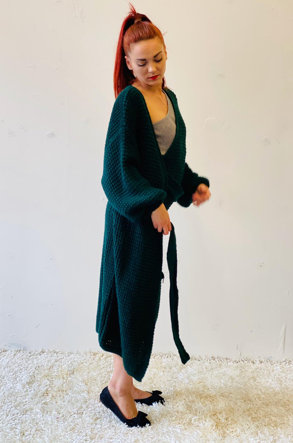 Tanoly Long Knitted Green Wrap Cardigan