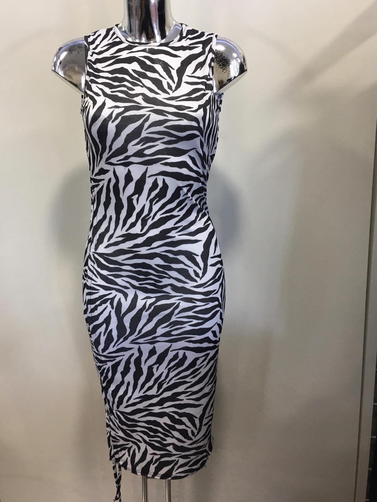 Zebra Print Sleeveless Ribbed Ruched Dress